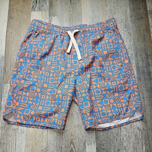 Fair Harbor Boys Youth Medium Swim Trunks Orange Blue Geometric Print